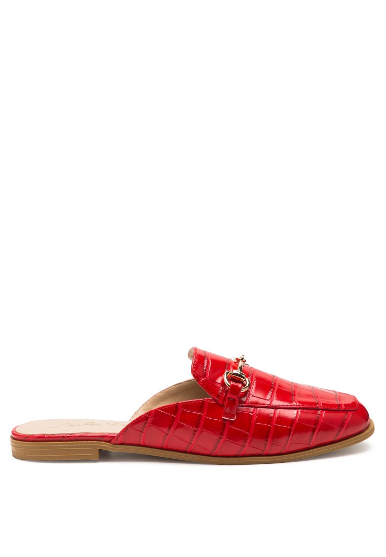 Buckled Red Faux Leather Croc Mules