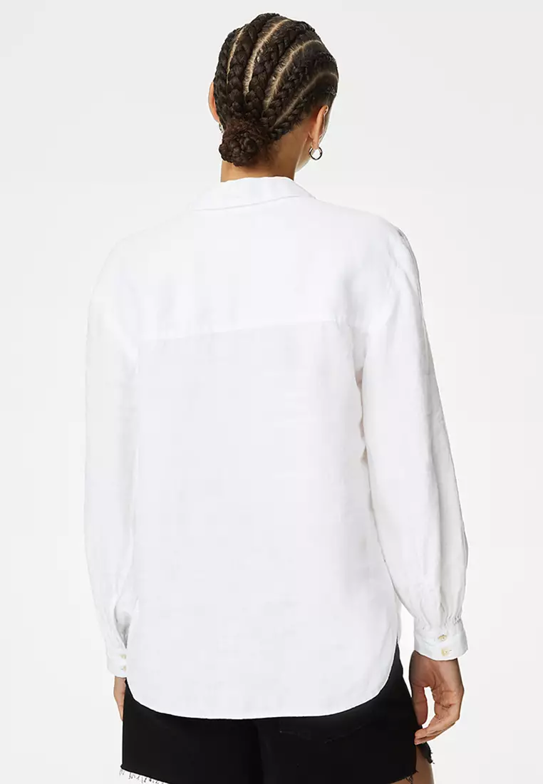 Pure Linen Collared Popover Blouse