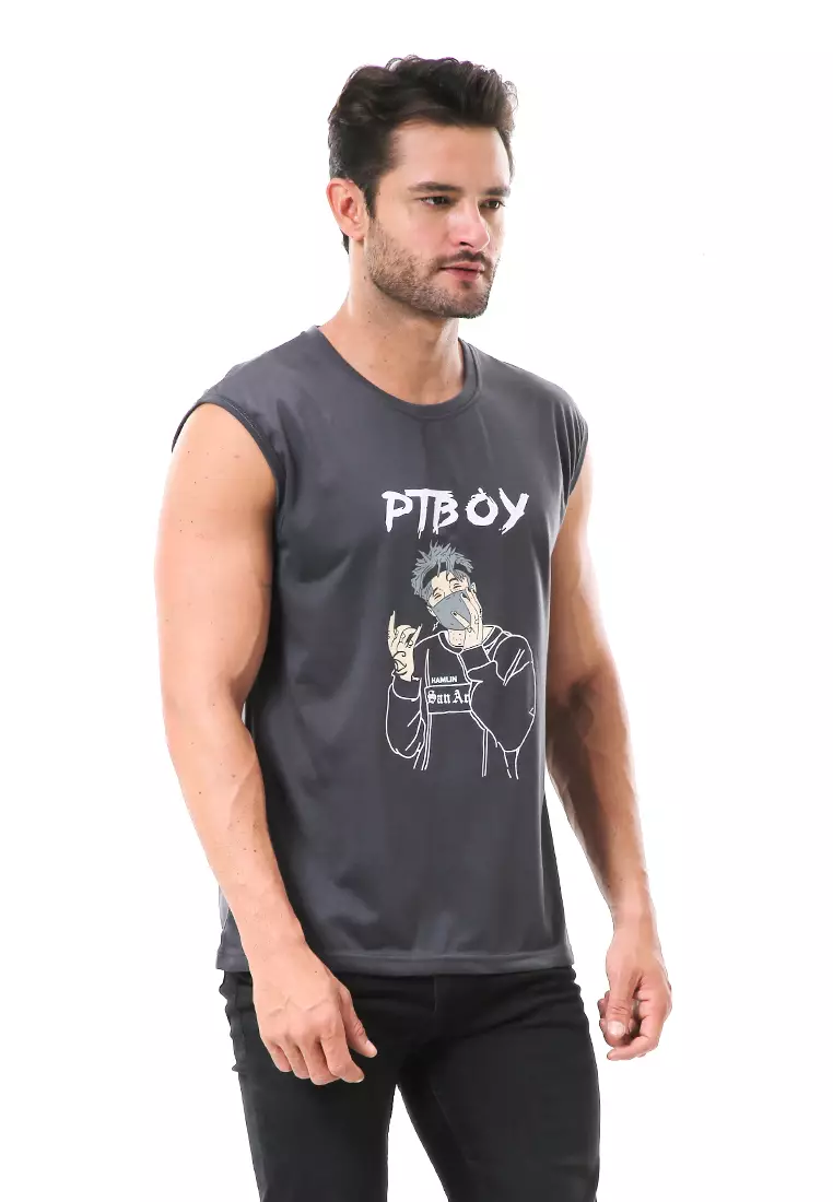 Bobby Atasan Kasual Pria Singlet Motif Ptboy Sleeveless Tshirt Material Cotton ORIGINAL - Gray