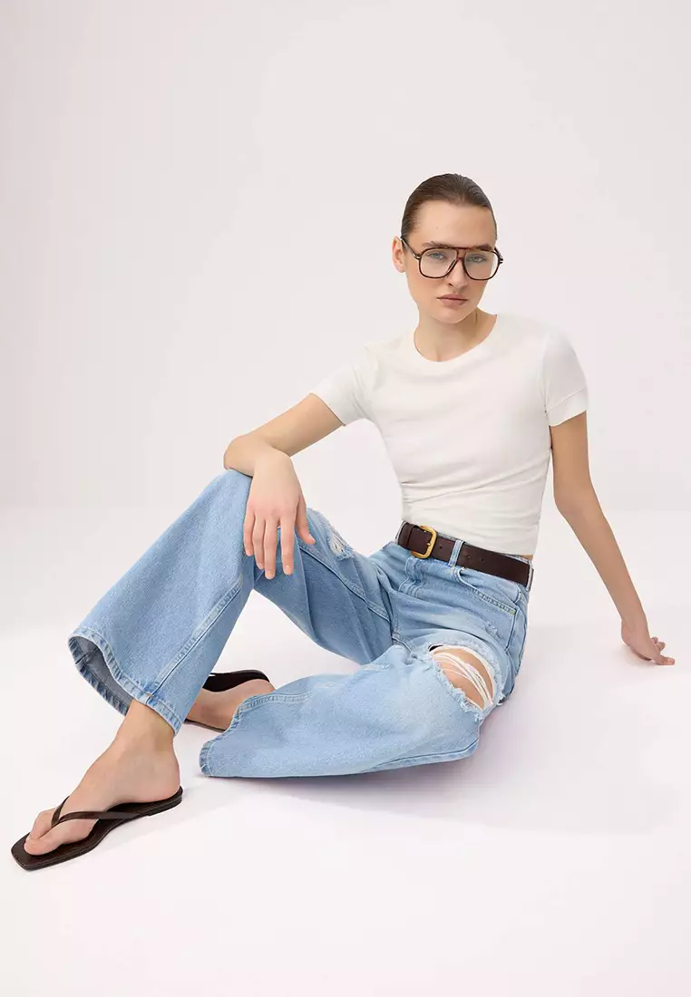 Blue Ripped Detailed High Waist Wide Leg Jeans Twoss26Je264