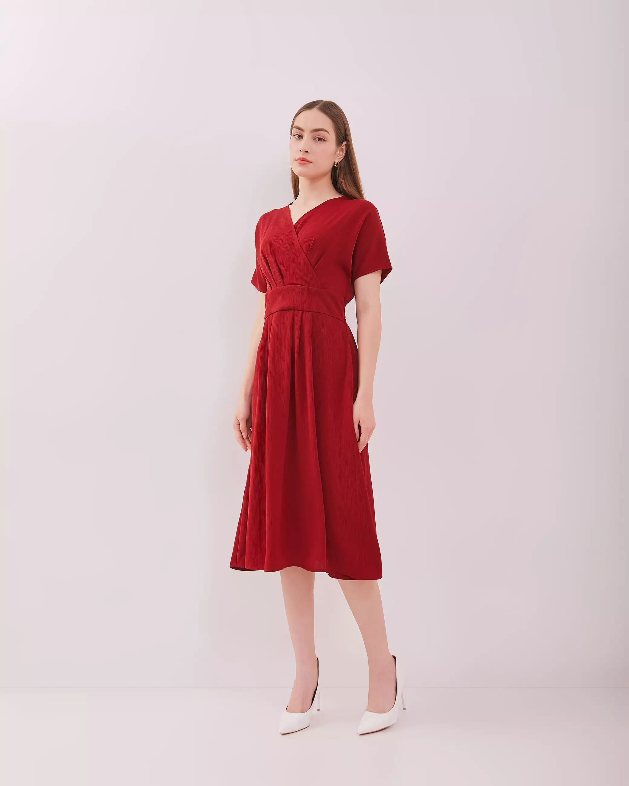 Urban Exchange Cecilia Red Dress - Gaun Midi Dress Kasual Dress Merah Natal Warna Red