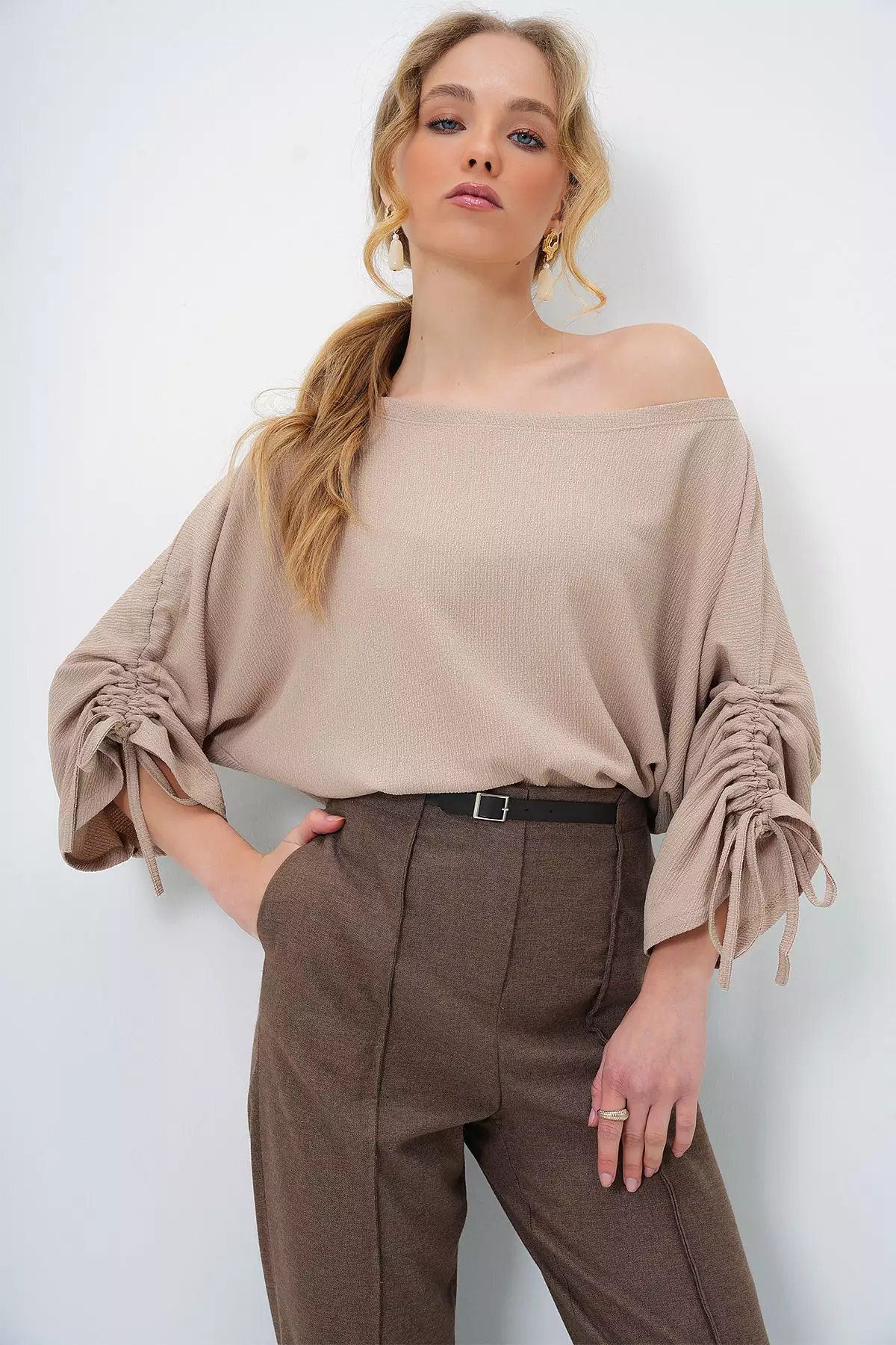 Women's Beige Boat Neck Sleeves Gathered and Tied Detailed Knitted Crepe Blouse