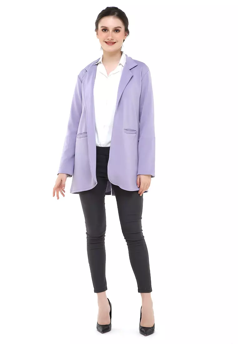 Qemsya Blazer Wanita Two Pockets Two Tone Casual Longsleeve Outer Material Bubbly Strecth ORIGINAL - Lilac