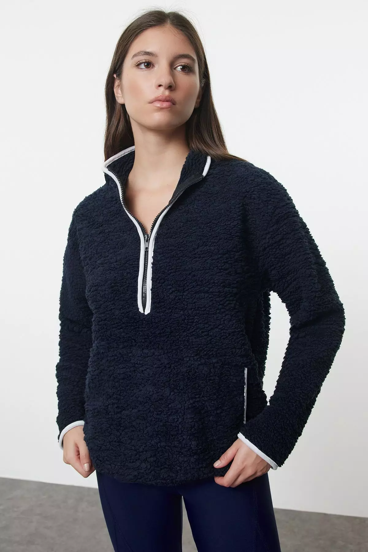 Navy Blue Plush Knitted Sports Sweatshirt THMAW23SW00021