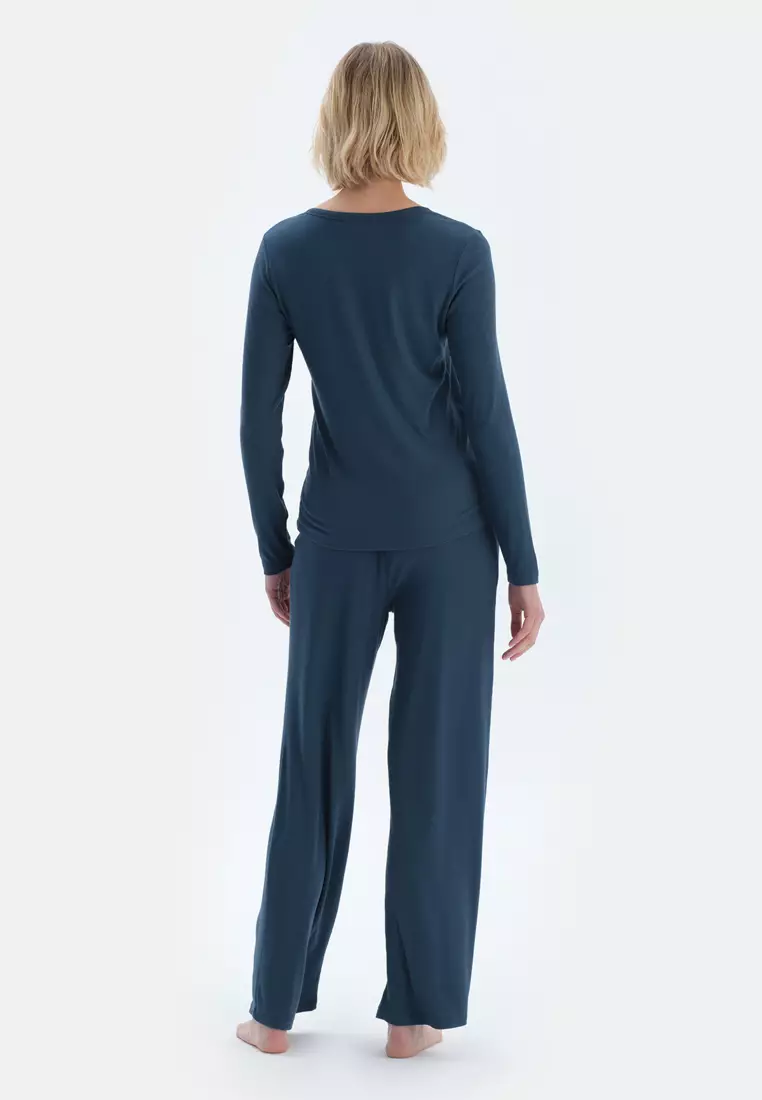 Navy T-Shirt & Trousers, V-Neck, Regular, Long Leg, Long Sleeve Sleepwear for Women
