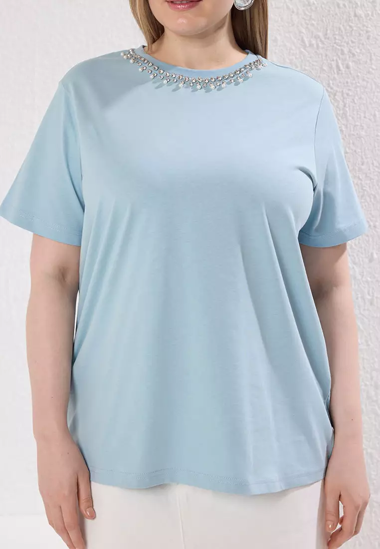 Blue Collar Stoned Boyfriend Fit 100% Cotton Knitted Plus Size T-Shirt Tbbss25Bf00021