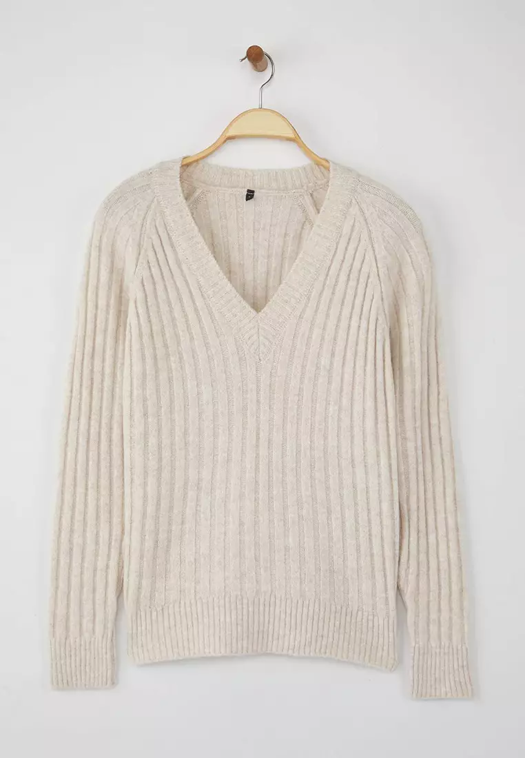 Wardrobe Essentials Stone Soft Textured Ribbed Knit Sweater