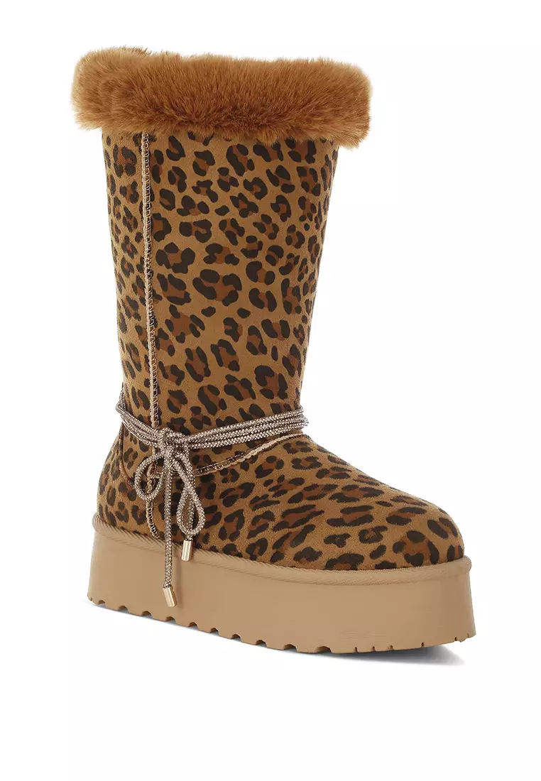 豹紋毛領防滑雪靴