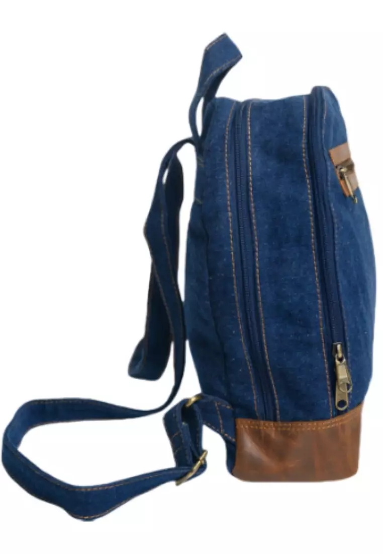 Small Backpack for Girls Boys Kids Teens - Blue Canvas Leather Backpack-Denim backpack - BK2 Blue