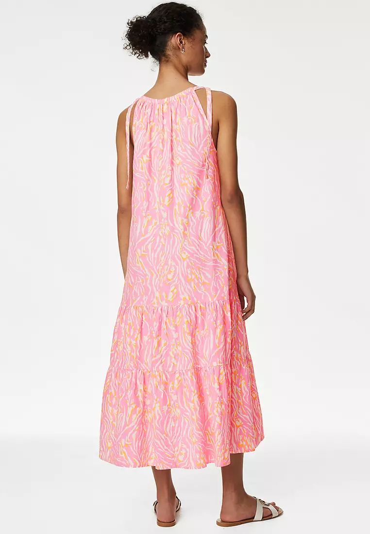 Linen Blend Animal Print Maxi Tiered Dress