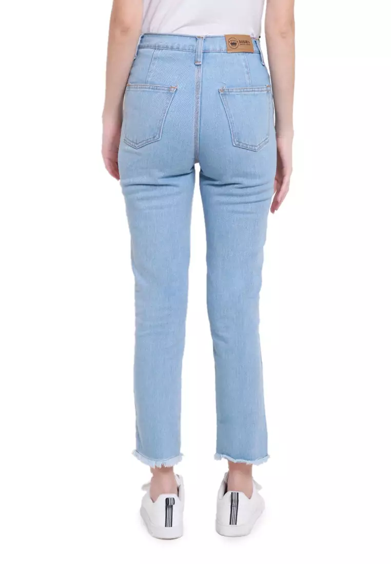 Jesslyn Celana Jeans Boyfriend Aksen Ripped Bawahan Wanita Regular Fit - Light Blue