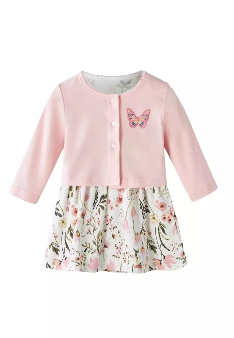 嬰兒女孩粉色花卉連體衣連粉色開襟羊毛衫 兩件套裝