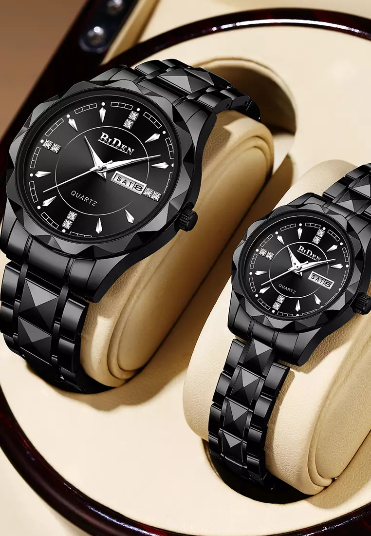 BIDEN Jam Tangan Couple Pasangan Anti Air Original Kalender Bercahaya Luminous Stainless Steel Analog Couple Watch Hitam