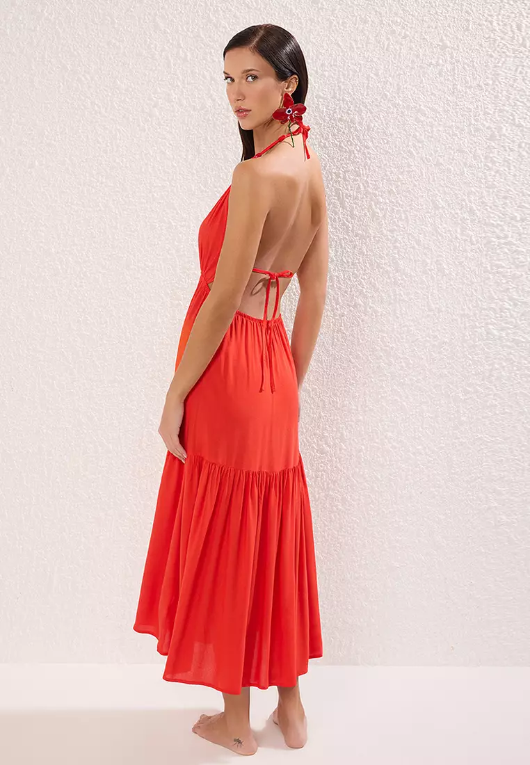 Red Maxi Woven Accessory Beach Dress TBESS25EL00081