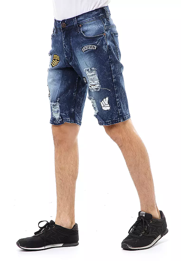 Locko Short Pants Ripped Jeans Celana Pendek Pria Sticker Motive Material Denim ORIGINAL - Retro Blue
