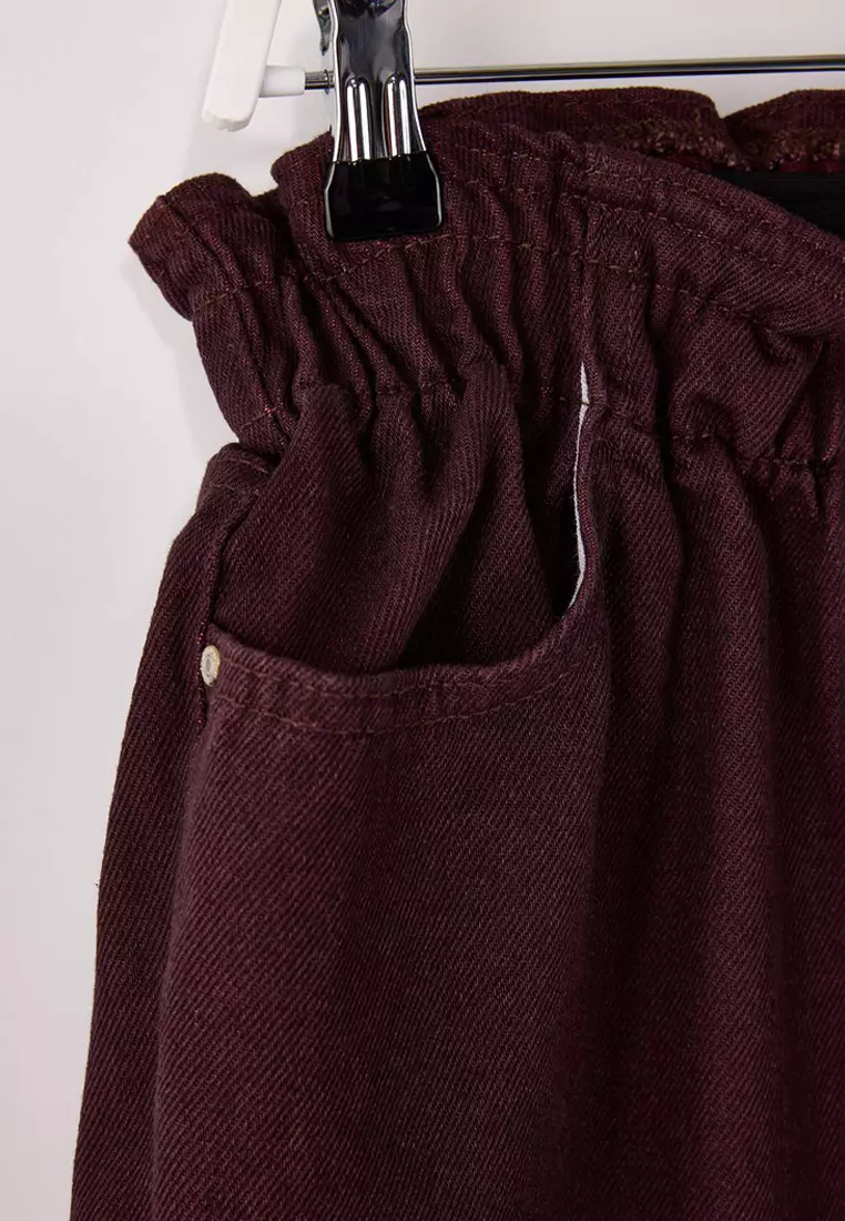 Burgundy High Waist Elastic Waist 100% Cotton Plus Size Mom Jeans Tbbaw23Je00002