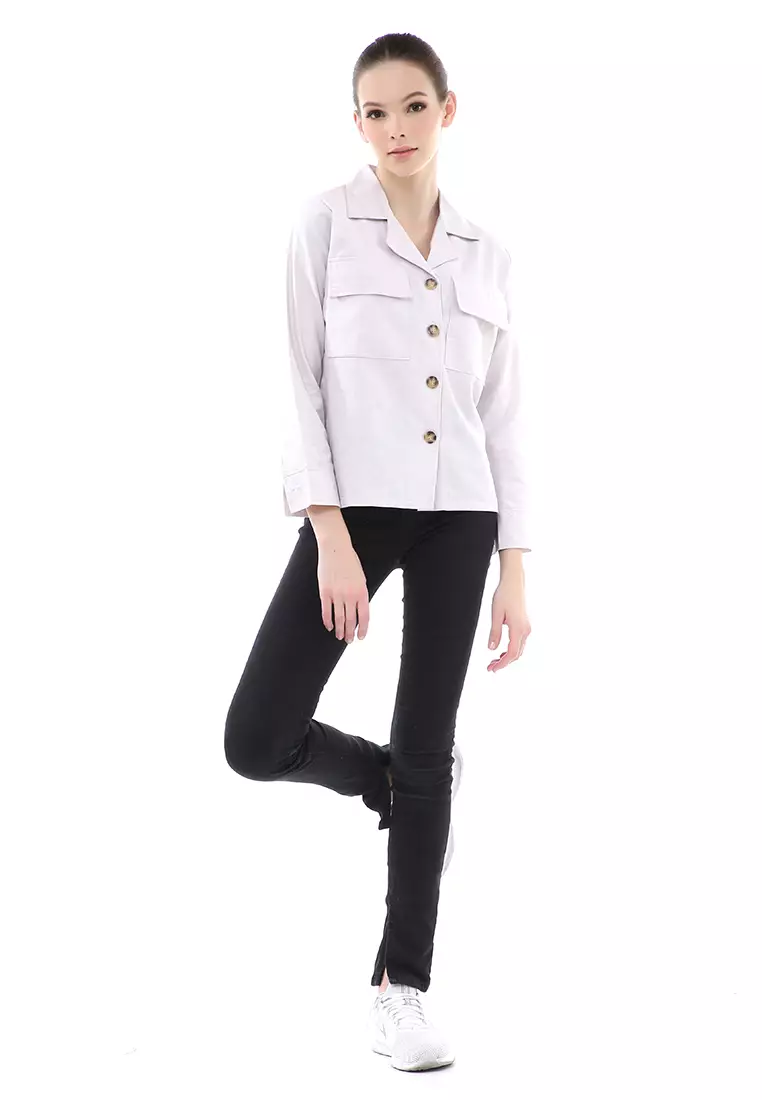 Brielle Atasan Wanita Kemeja Pocket Plain Motive Lengan Panjang Material Linen ORIGINAL - Ash Gray