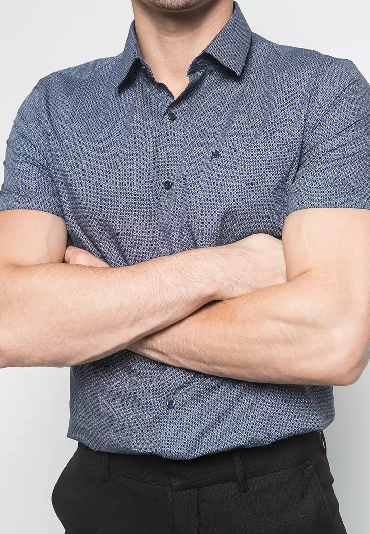 Johnwin - Kemeja Formal - Kemeja Pria - Full Motif - Abu - Slim Fit - FSH.650.K393.828.C - Free Keychain