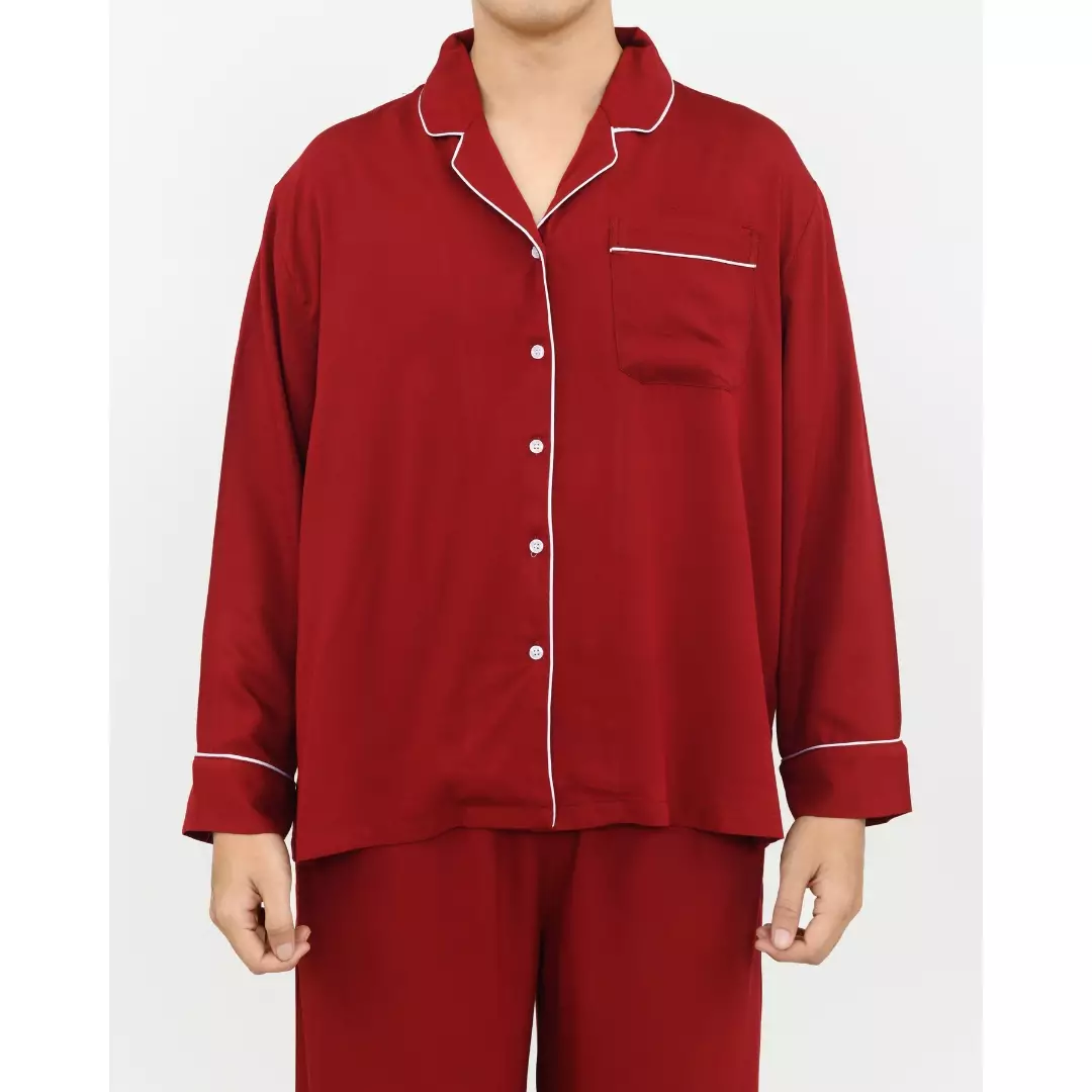 Setelan Baju Tidur Panjang Piyama Pria Plain [MERAH] One Set Sleepwear Pajamas Material Katun Size M-XXL