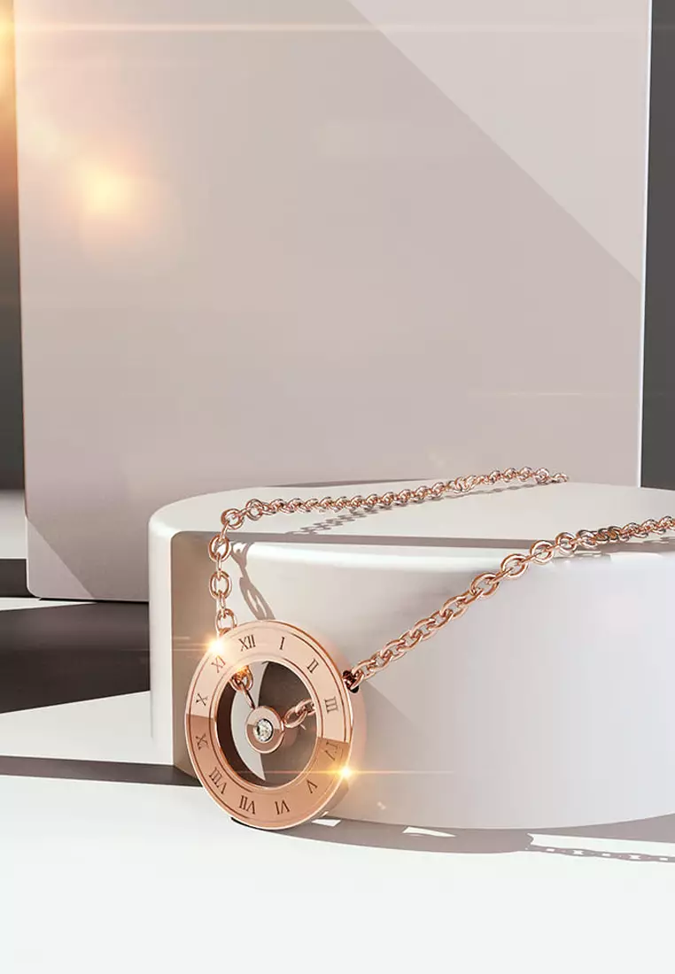 Roman Numerals Halo Pendant Necklace in Rose Gold Plated Titanium with Genuine 0.005ct Diamond