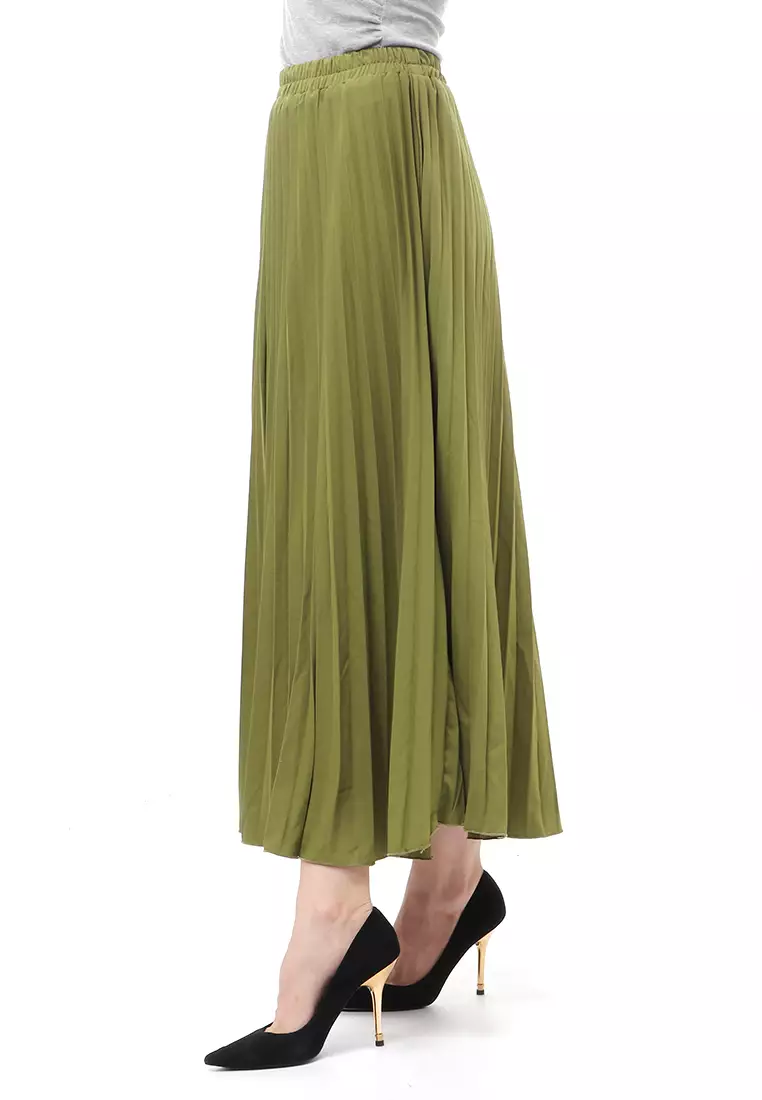 Skirt Plisket Bawahan Wanita Motif Polos Relaxed Fit - Army