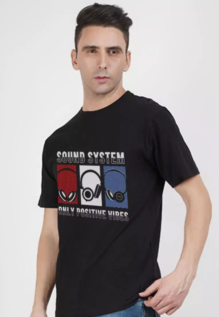 Sound Sytem Graphic Black Cotton Short Sleeve Regular Fit T-Shirt