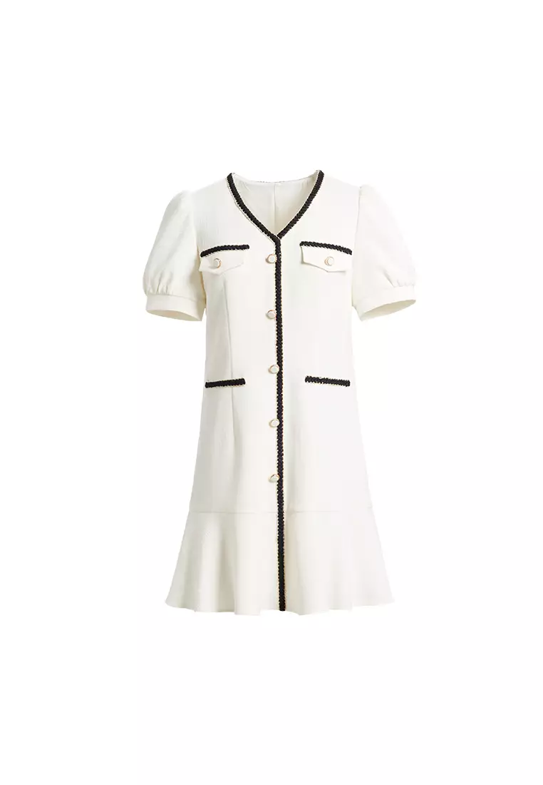 Hopeshow Puff Sleeve V-Neck Button Down Knitted Dress