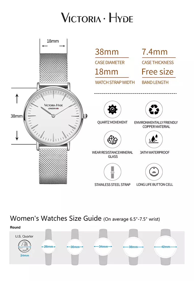 中性休闲表 男女通用 現代風格 38mm白色圓形表盤不鏽鋼網狀表帶-銀色