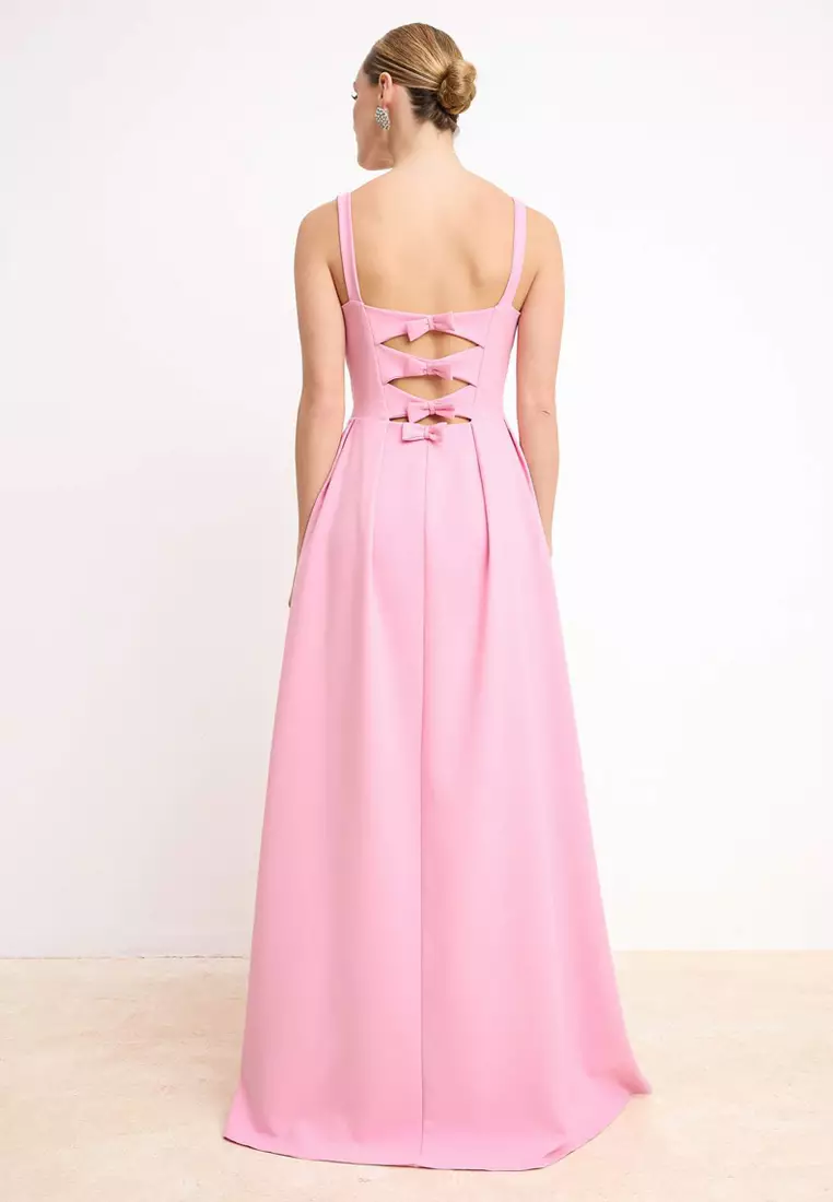 Light Pink Plain A-Line Bow Woven Finike Maxi Evening Dress & Graduation Dress
