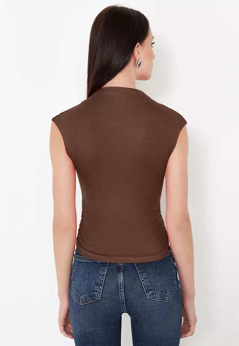 Brown Stand Collar with Gather/Drape Detail Fitted/Asymmetrical Knitted Blouse TWOSS24BZ00534