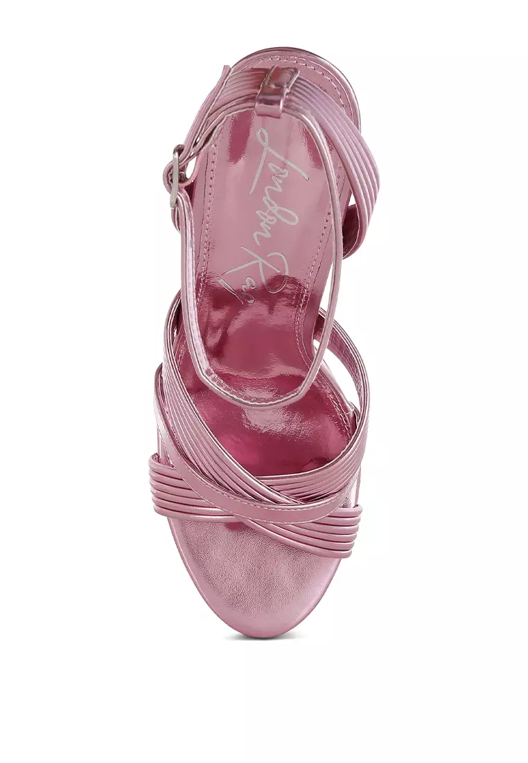 Sandal Hak Metalik dengan Tali Pergelangan Kaki Warna Pink