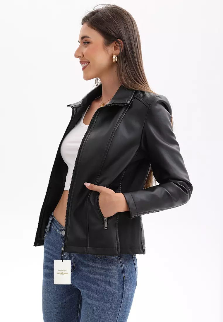 Patchwork Knit Faux Leather Biker Jacket AD-M25PJ49