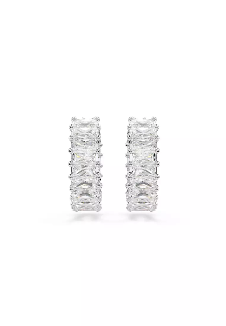 Matrix hoop earrings, Baguette cut, White, Rhodium plated