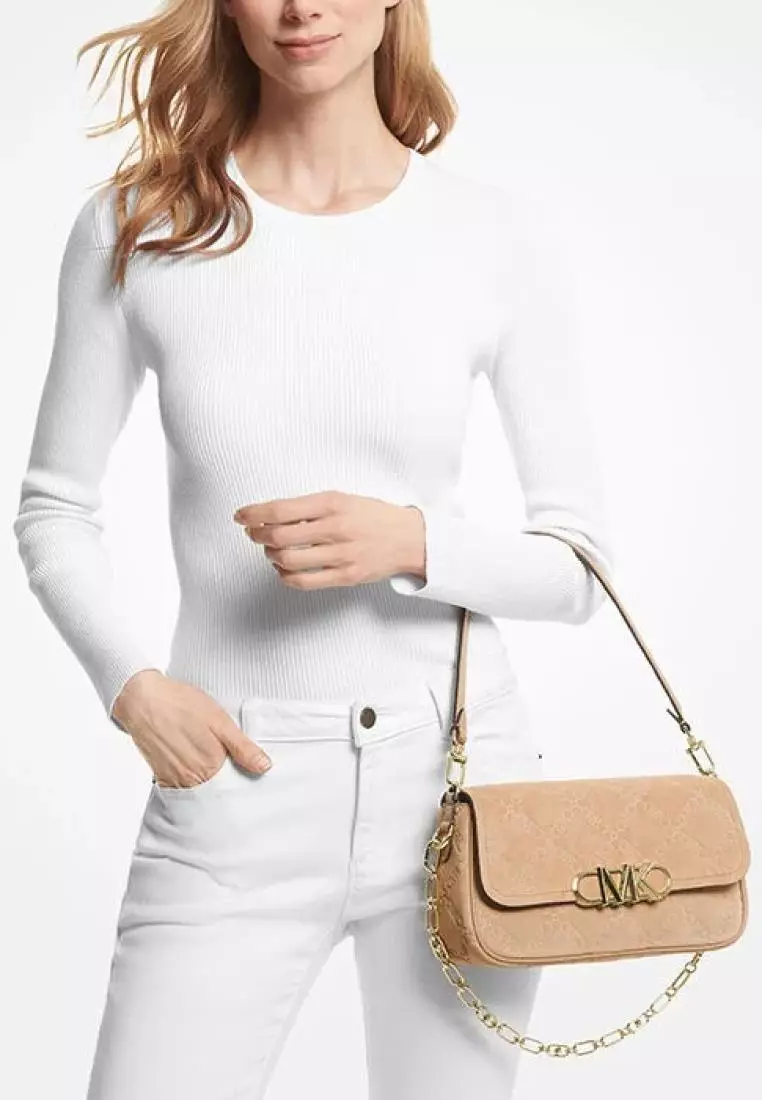 Michael Kors Parker Medium Empire Logo Embossed Suede Shoulder Bag Camel