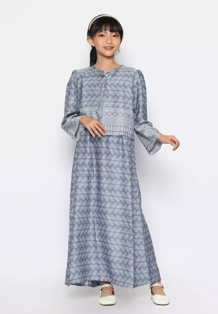 Baju Gamis Anak Perempuan Daun Kecil Navy With Model - BEAUTY