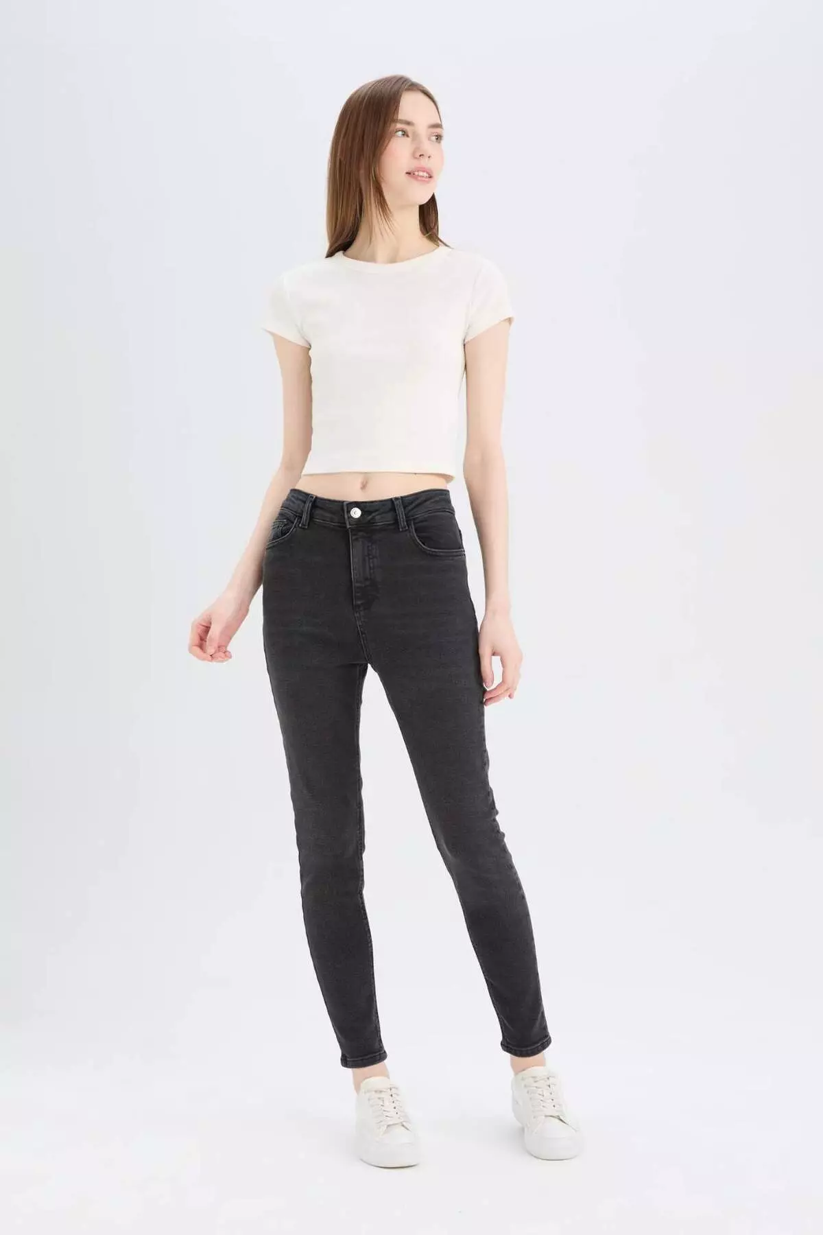 Skinny Fit High Waist Straight Leg Long Jean Snow Washed Pants D6601Ax25Sp