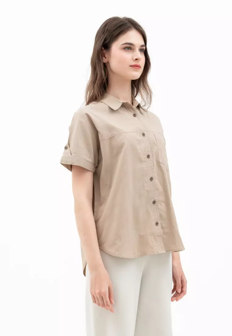 Urban Exchange Alisha Shirt Latte - Atasan Kemeja Wanita Lengan Pendek Warna Latte