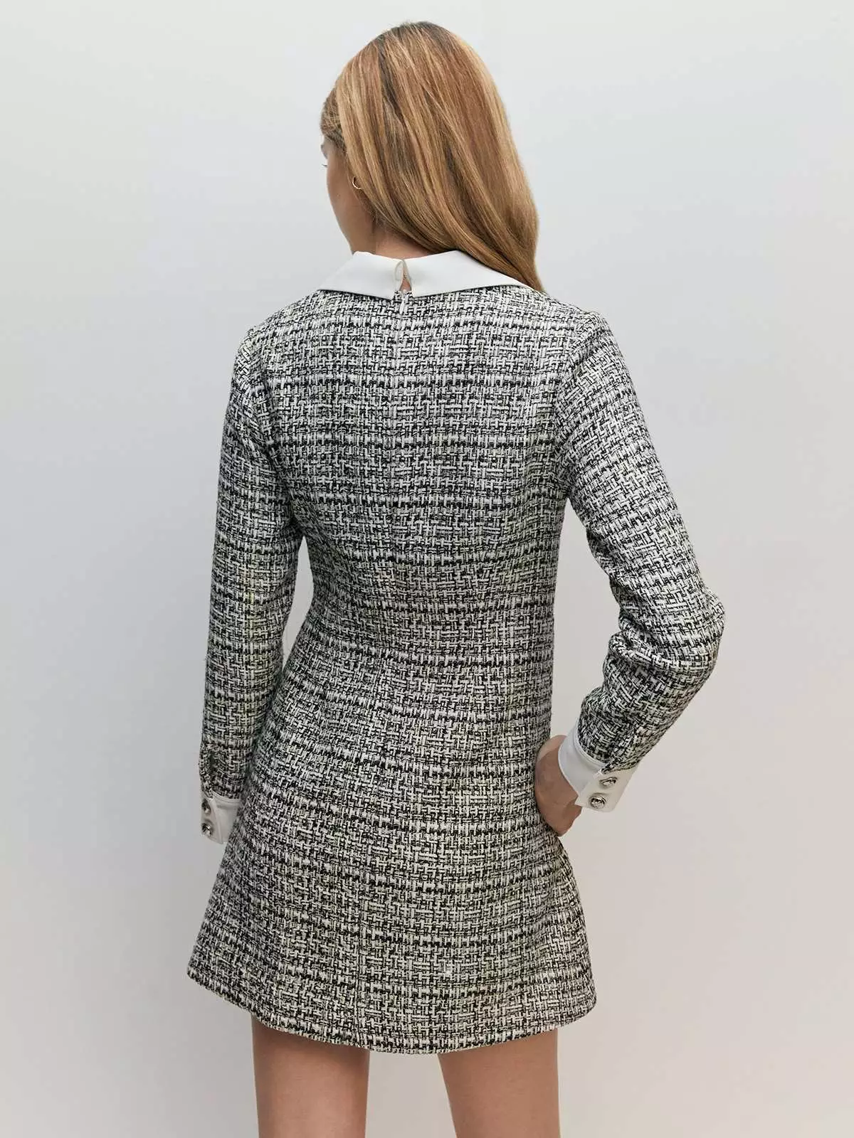 Long Sleeve A-Line Tweed Mini Dress - Black