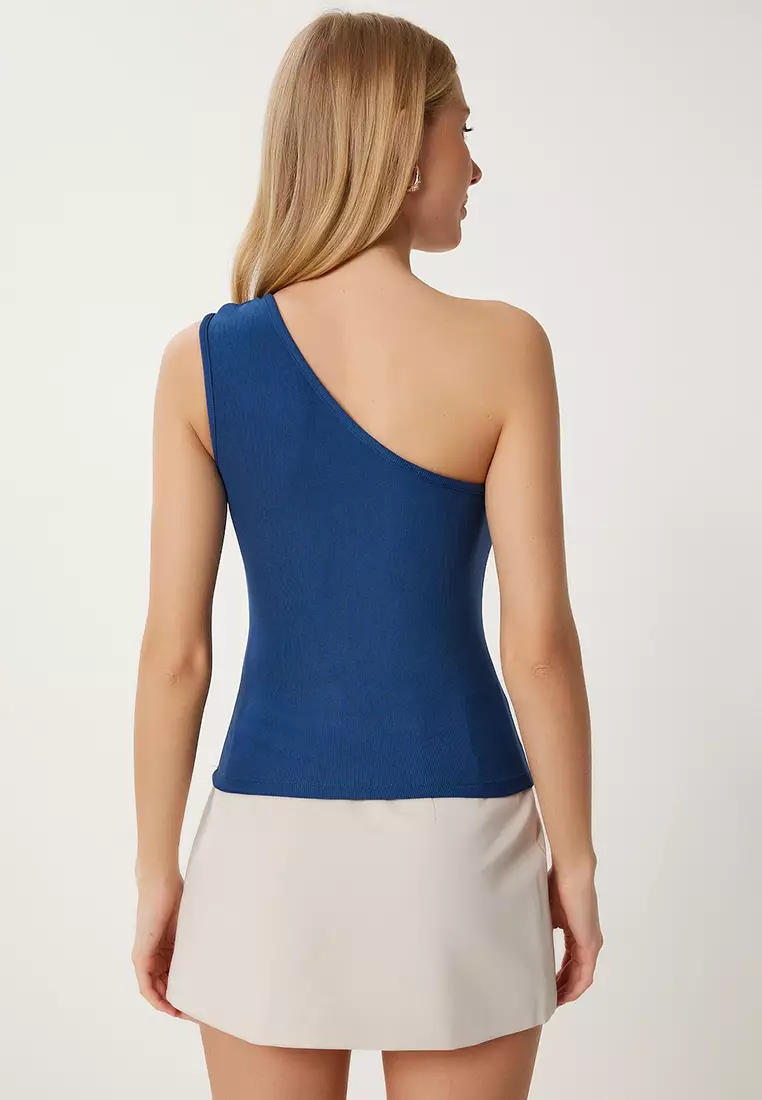 Women's Cobalt Blue Gold Accessory Flexible Ribbed Knitted Blouse Fw00011