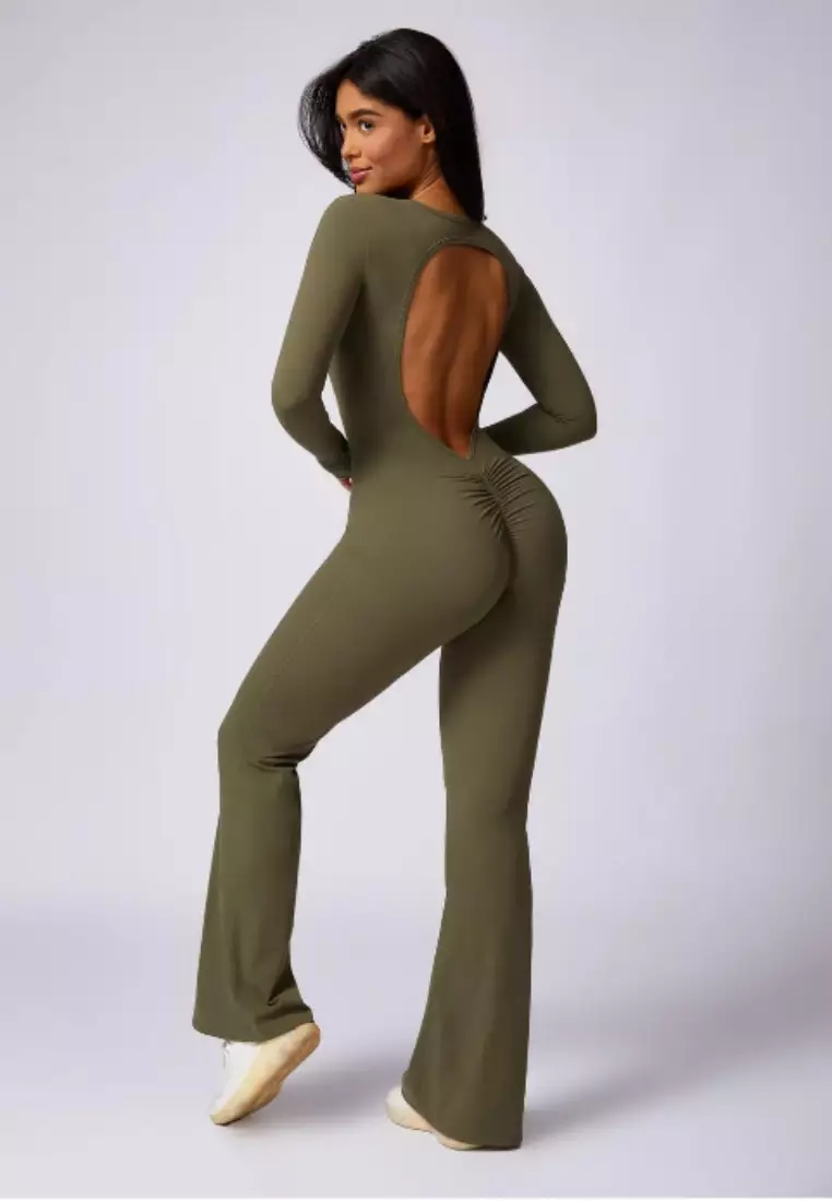 Selene Open Back Flare Jumpsuit – Sculpting Fit Premium Stretch Women Gym to Streetwear