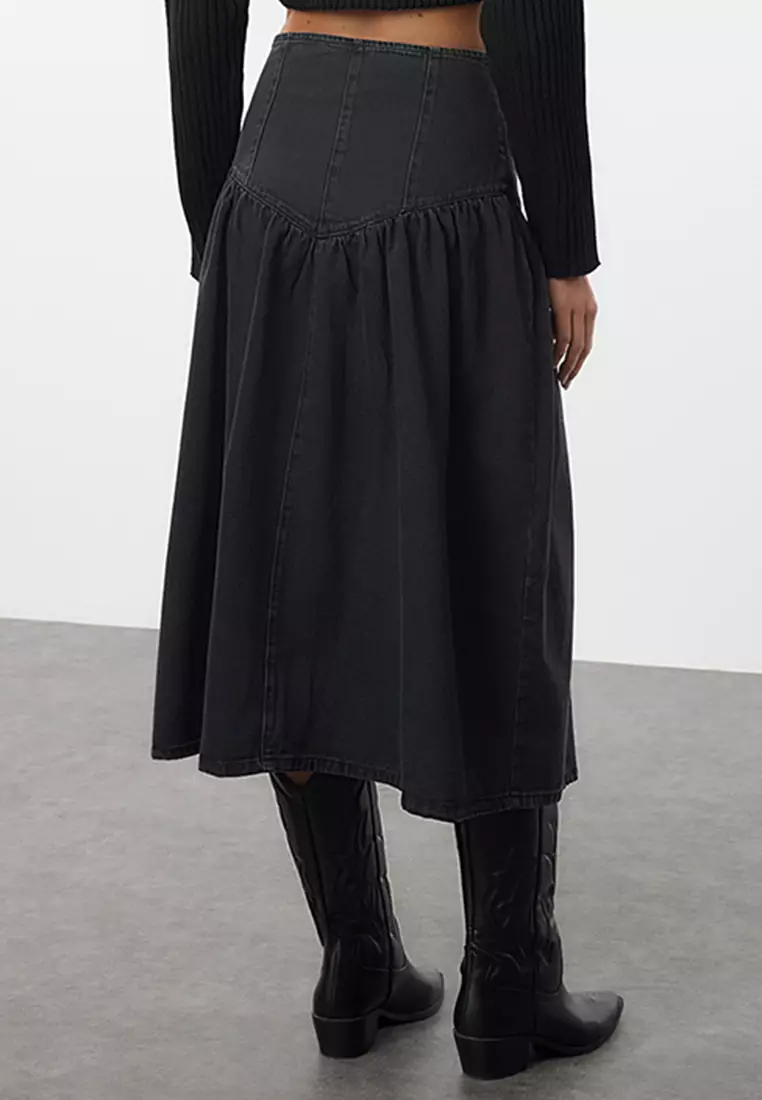 Black Flounce Maxi Denim Skirt