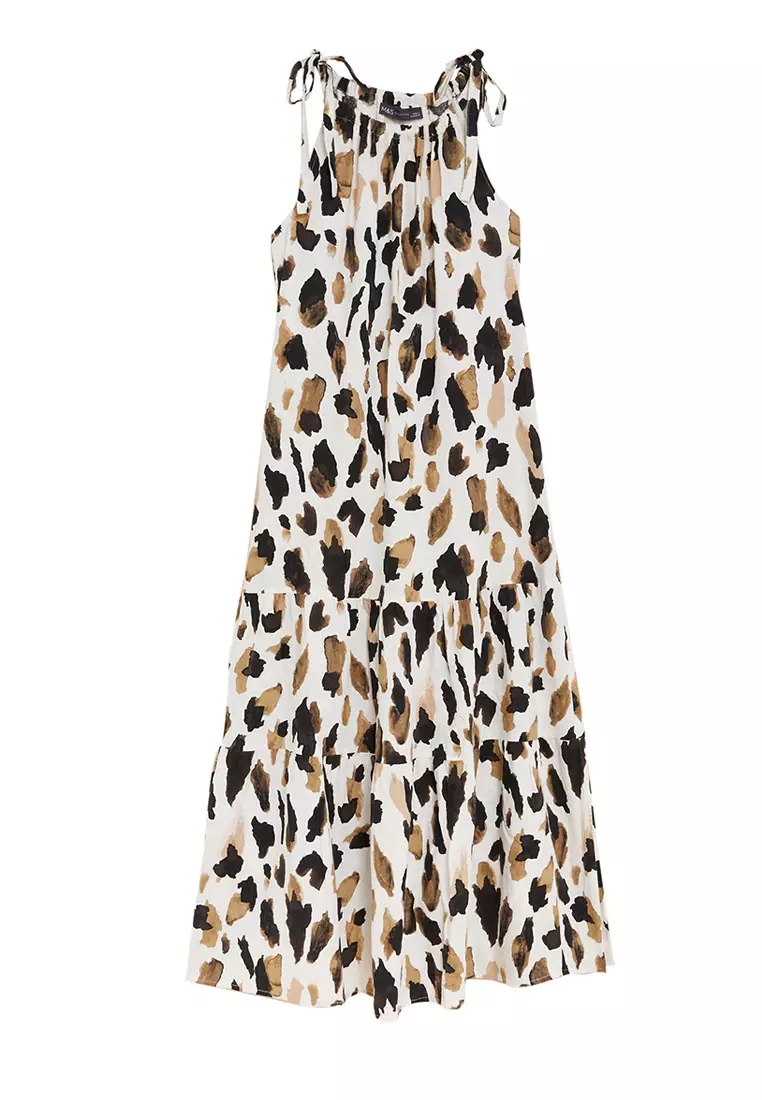 Linen Blend Animal Print Maxi Tiered Dress
