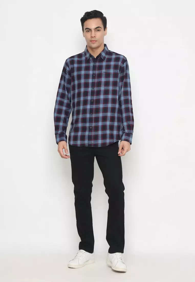 POLICE Kemeja Kotak Twill Navy Merah Regular Fit Lengan Panjang Pria