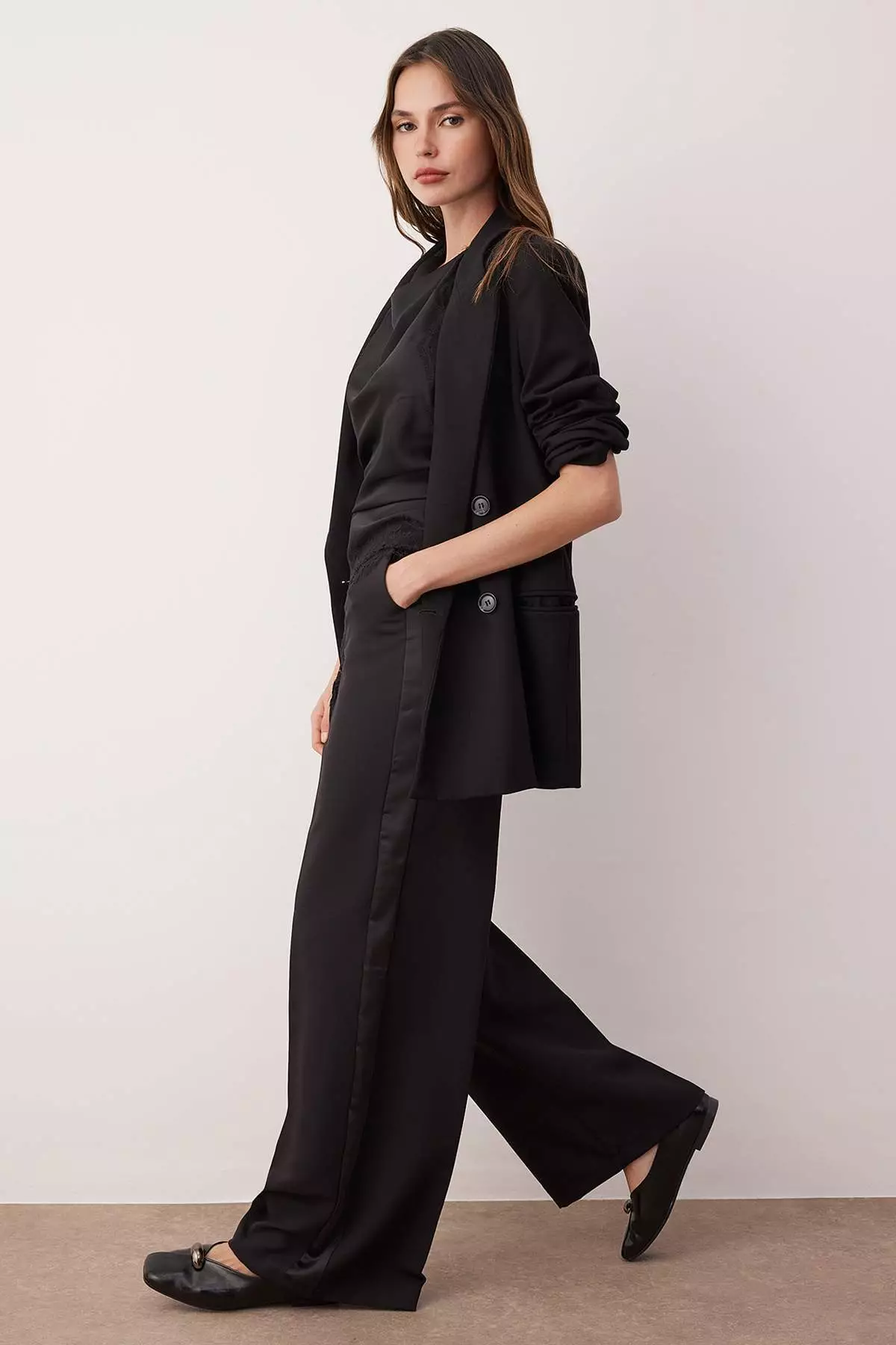 Black Wide Leg Trousers With Satin Stripe Detail On The Side