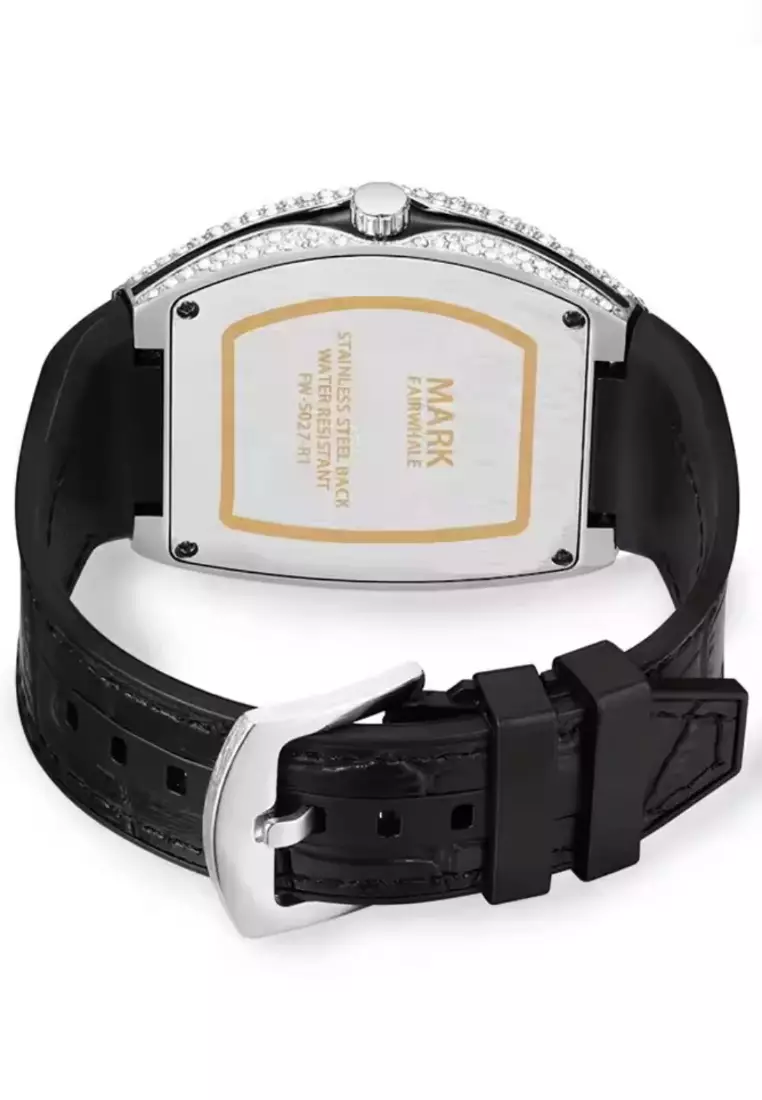 中性款酒桶形石英表，44毫米，黑色表盘，皮革表带