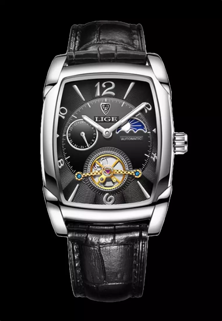 Unisex AUTOMATIC Stainless Steel Barrel-shape Watch 46x38mm, Black Dial and Leather Strap