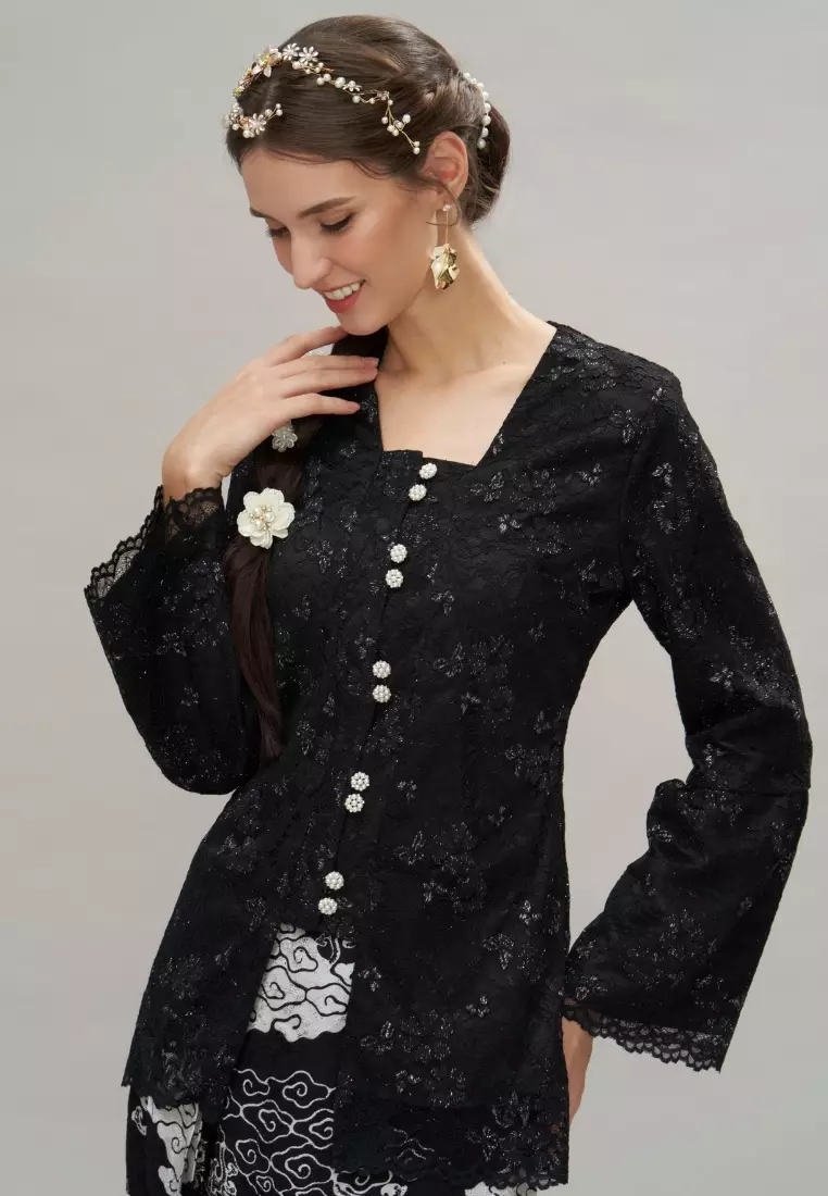 Black Intricate Lace Kebaya Top & Black Premium Batik Skirt Hari Raya