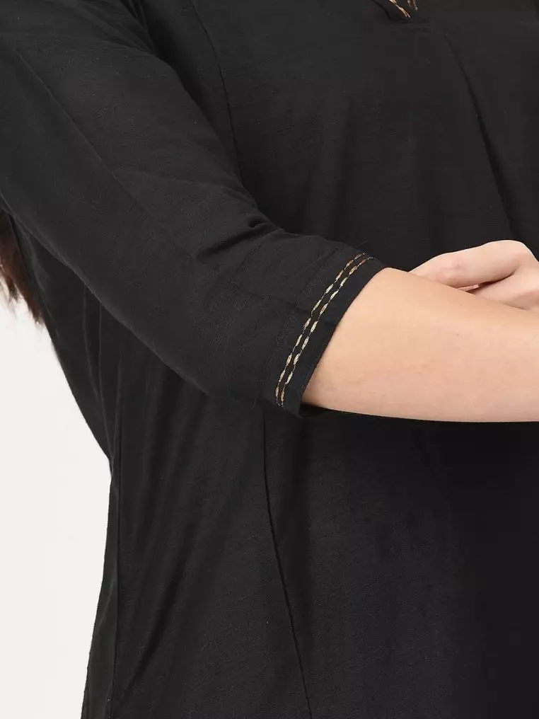 乌木刺绣孕妇及哺乳丝绸库尔塔套装 - 黑色