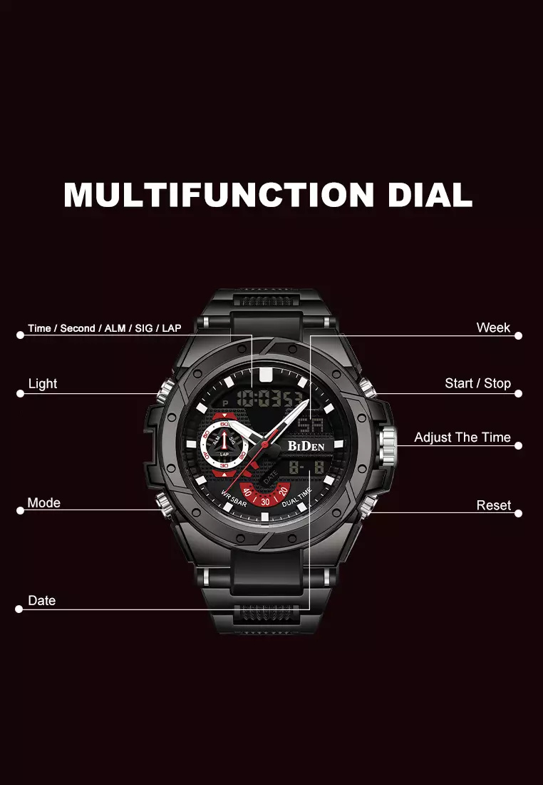 Jam Tangan Pria Anit Air Digital Analog Olahraga Bercahaya Multifungsi Tali Silikon Jam Tangan Cowok Original merah