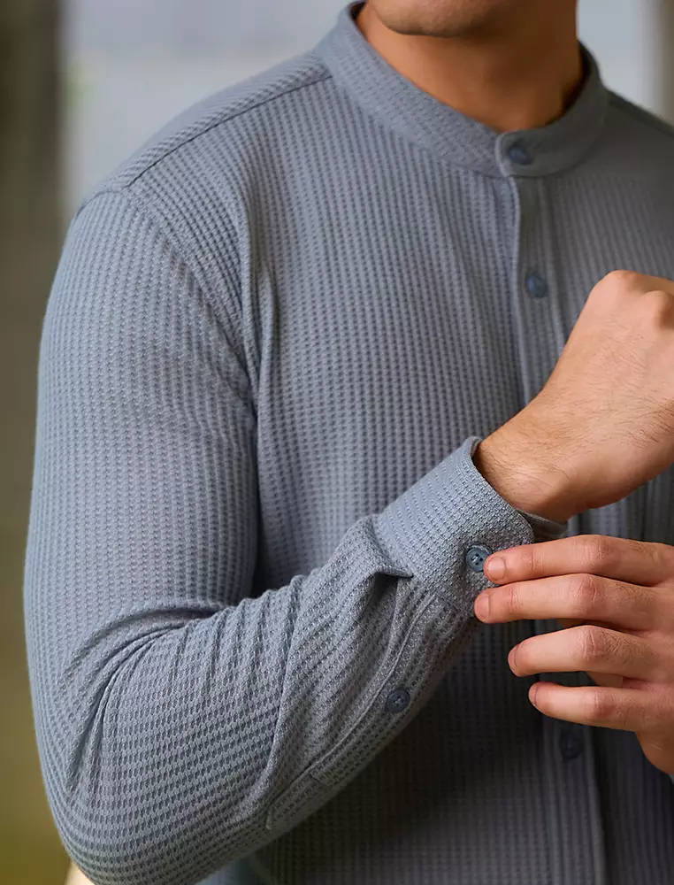 OXCON kemeja Tangan Panjang Waffle Kerah Collarless Sage Grey